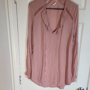 Free People Dusty Pink Peasant Shirt with Lace Accents